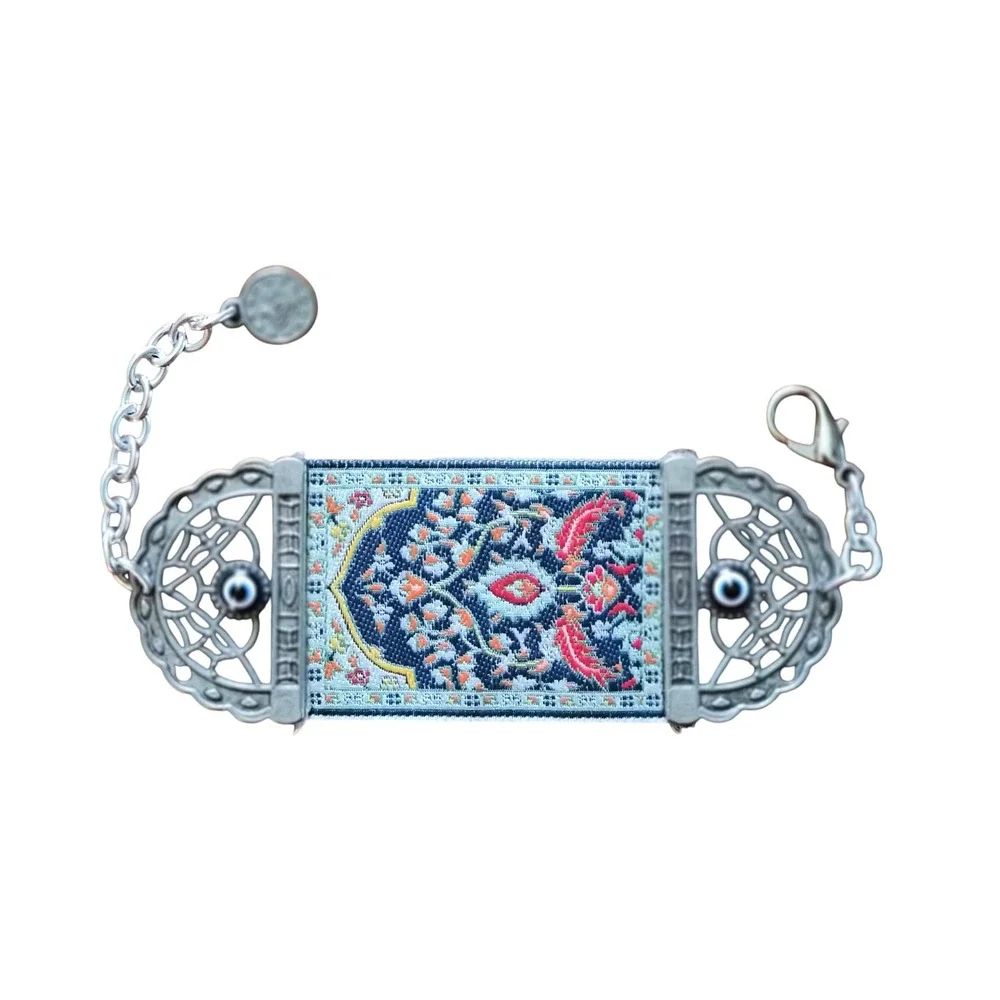 Turkish Kilim Tapestry Cuff Bracelet Evil Eye Nazar Silver Tone Boho Woven Blue